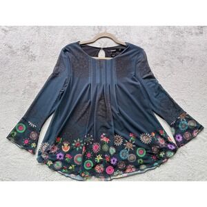 Desigual Sheer Mesh Blouse Top Medium Blue Stretchy Mandala Bell Sleeve Boho